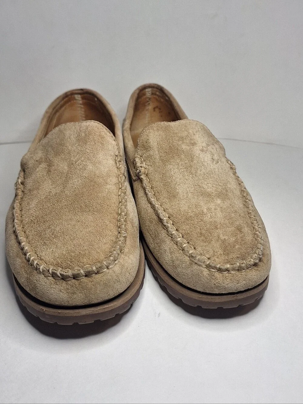 Vintage Eddie Bauer Wmns 7.5W Sand Suede Leather Driving Loafers Slip On Comfort